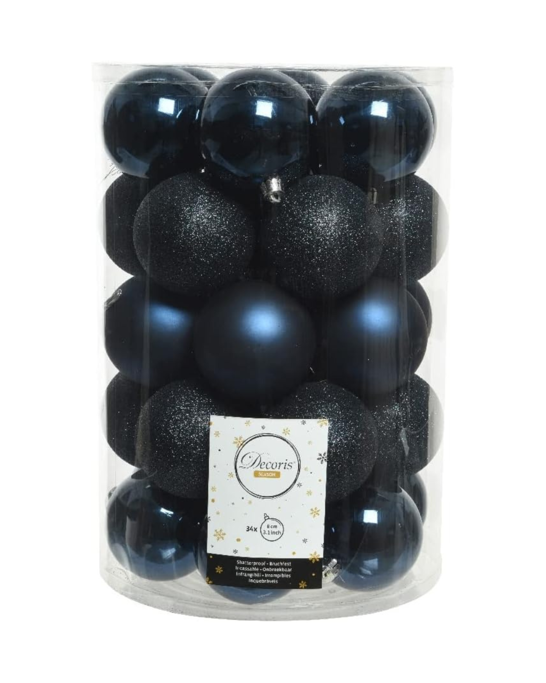 Kaemingk Plastic Christmas Baubles 8 cm x 34 Pieces Set Shatterproof Dark Blue Midnight Blue