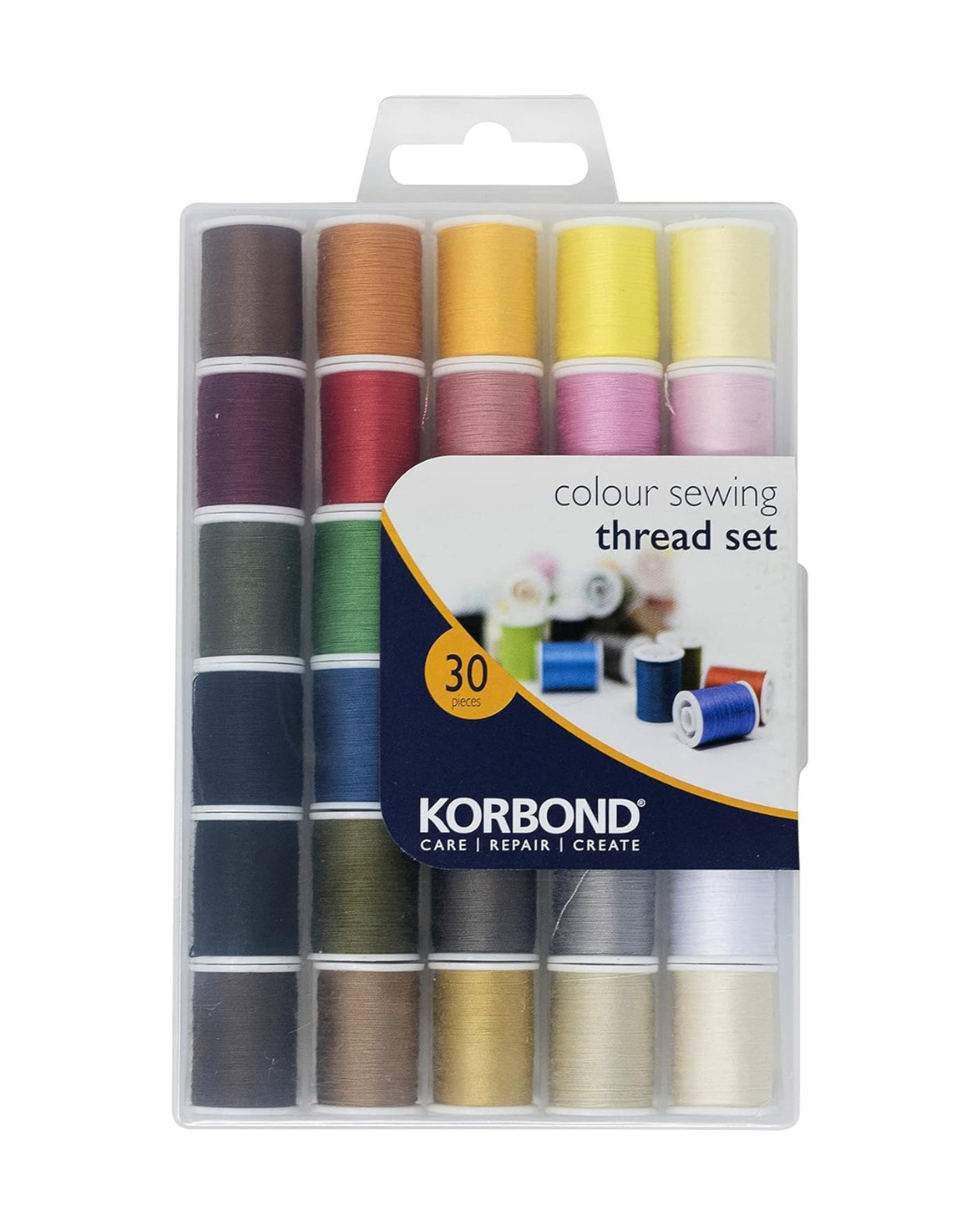 Korbond All Purpose Thread Set - 1350m Polyester Sewing Thread - 30 Colours x 45m - Hand and Machine Sewing and Crafting - Includes Black and White Thread for Machine and Hand