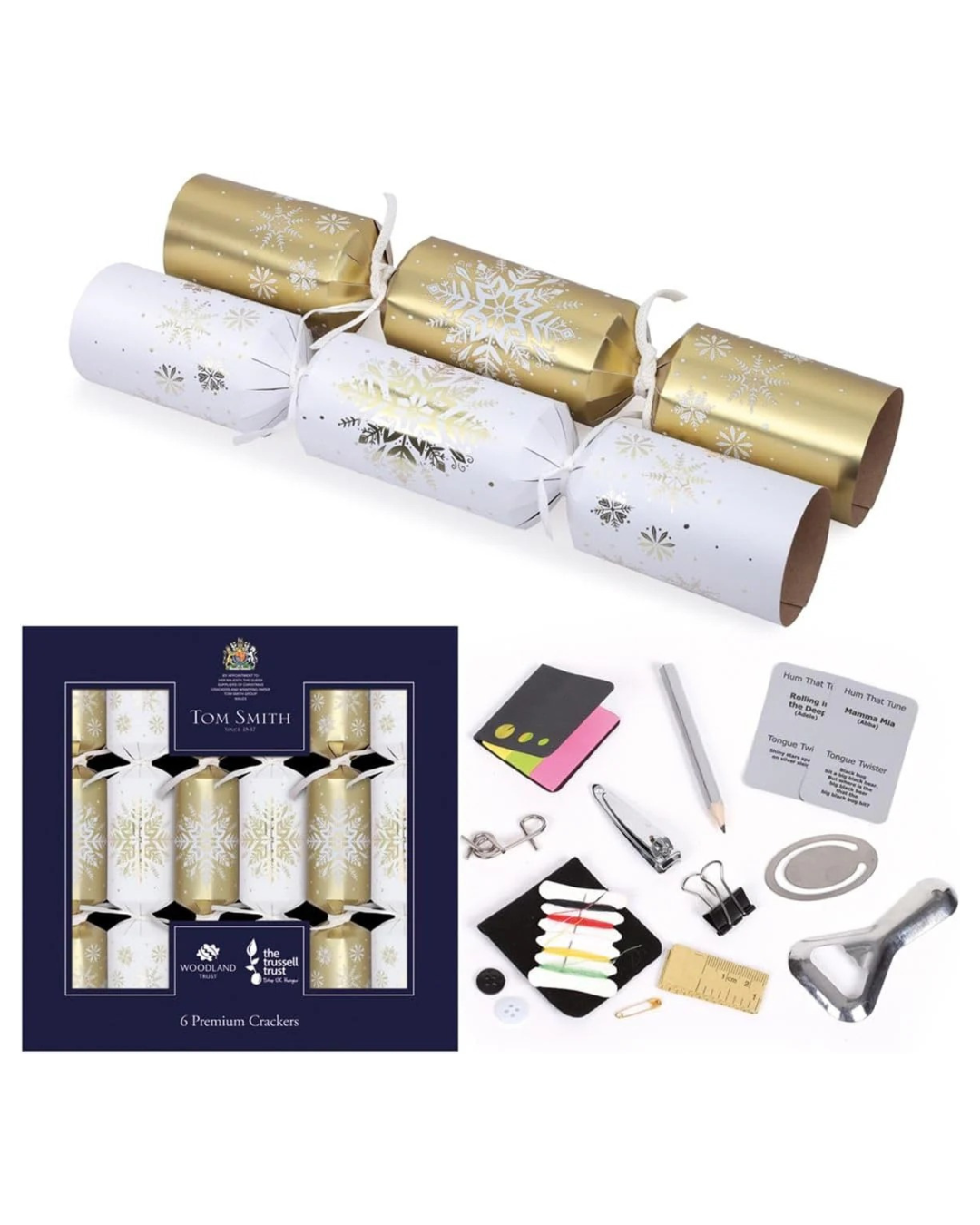 Tom Smith Pack 6 Eco Charity Christmas Crackers White & Gold Snowflake Design 33cm