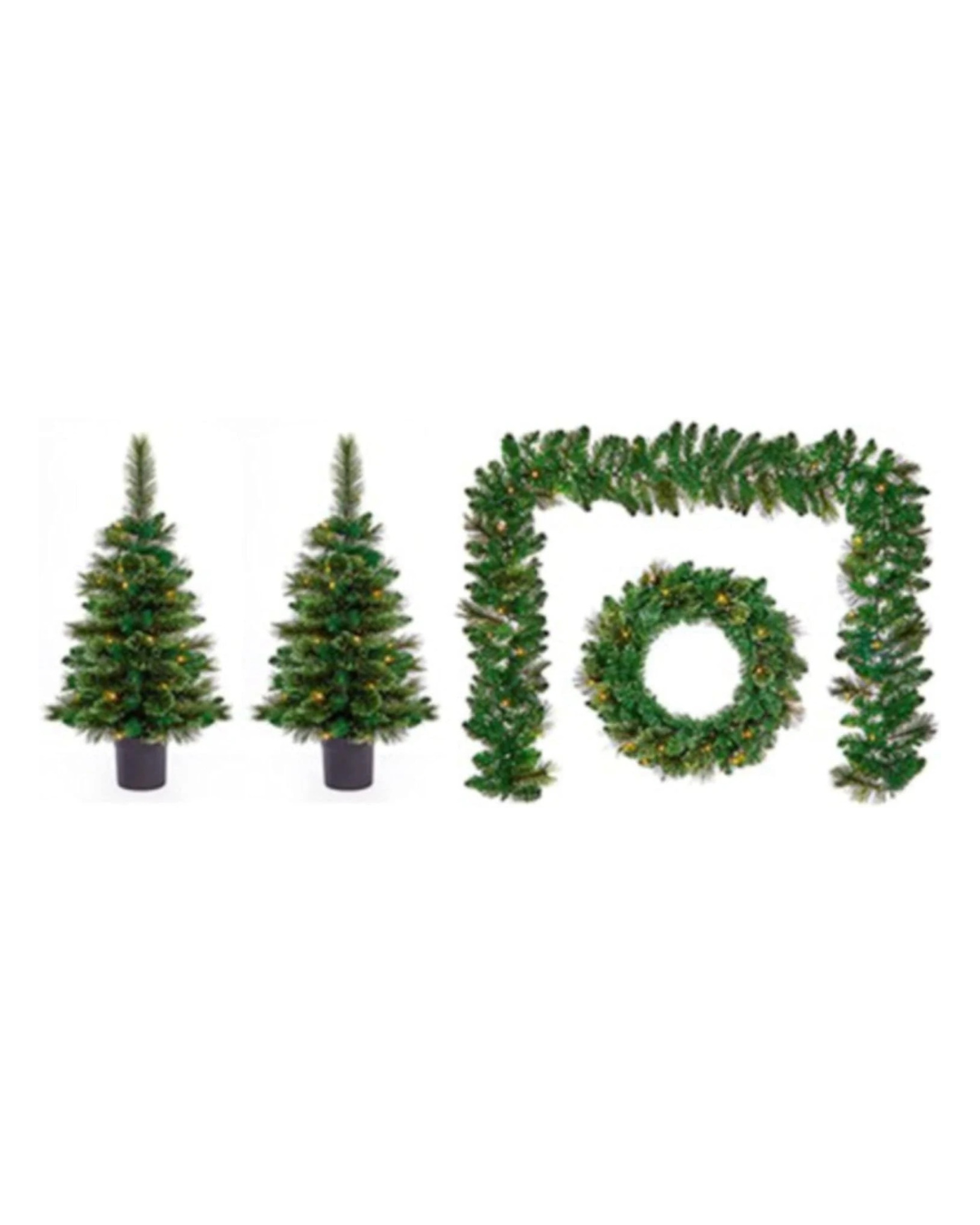 Premier Christmas Door & Porch Decoration Set Pre Lit Plain Cashmere Artificial Wreath Garland & Christmas Trees On Timer