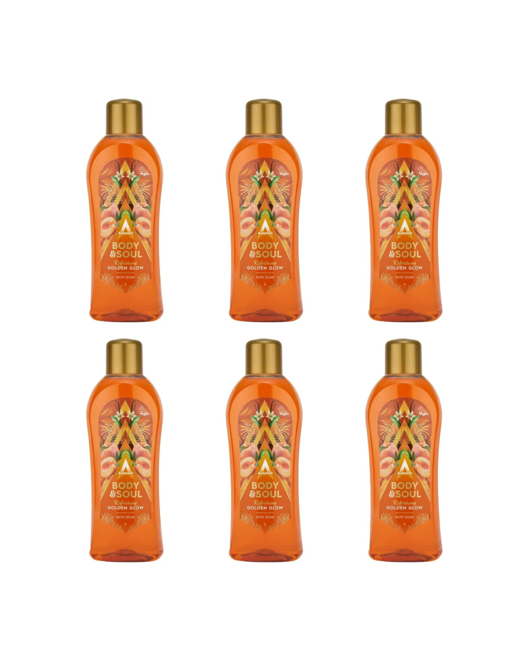 Astonish Body & Soul Nourishing Mood Boosting Bath Soak, Sweet Fruity Fragrance, Uplifting Bubble Bath, Golden Glow, 6x950ml, Multipack, Orange