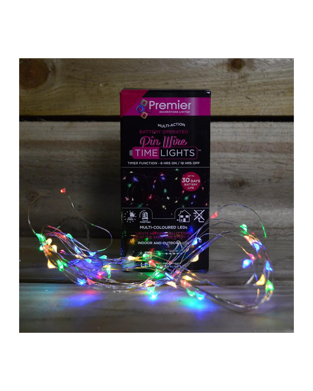 5m 100 LED Multi Action Pin Wire Battery Lights with Timer String Lights- Multi Coloured