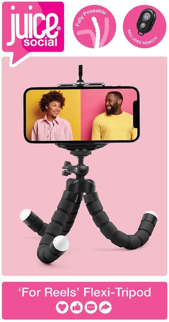 Juice Social Flexi Tri-Pod with Bendable Legs and Bluetooth Remote, Portable Mini Tripod with Flexible Octopus Style Legs, Phone/Camera Mount, Compatible with Apple, Android, GO PRO, Cameras