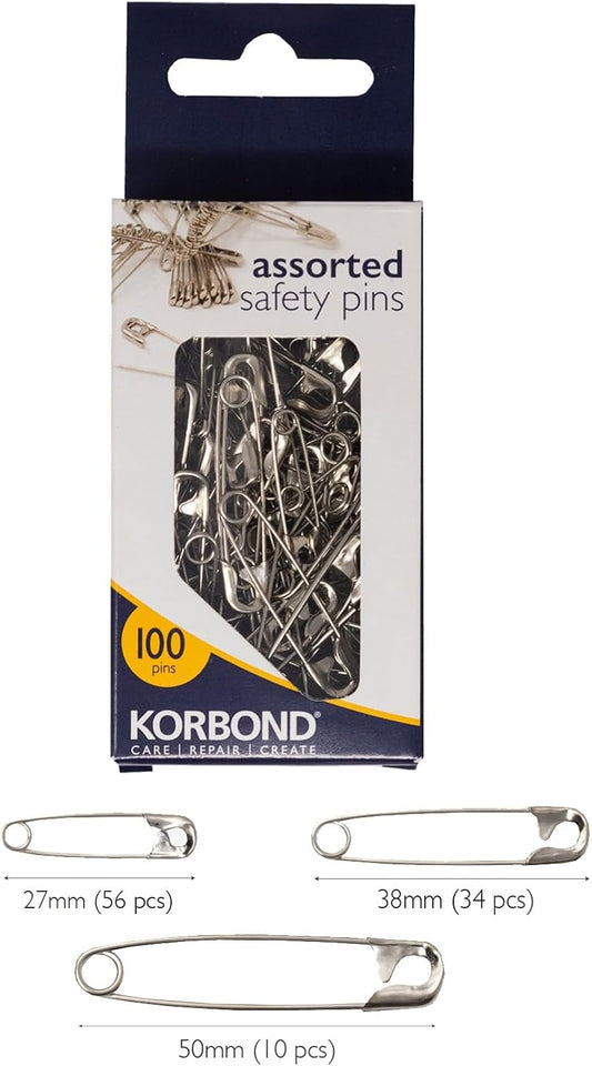 KORBOND Safety Pins 100 Pieces in Assorted Sizes-(5cm, 3.5cm & 2.5cm), Silver