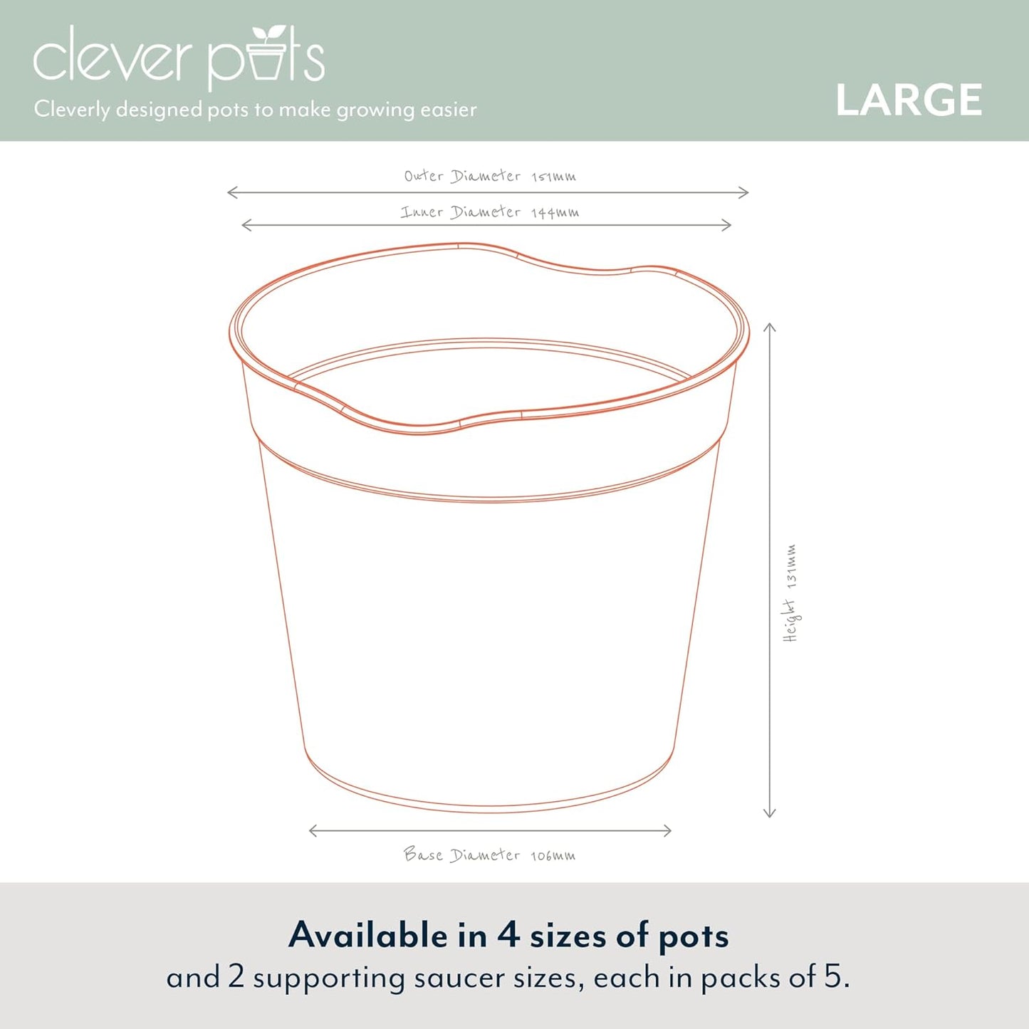 Clever Pots Easy Release Plastic Plant Pots, Pack of 5, Large Plant Pots, Outdoor or Indoor Flower Pot Garden Planters, Lightweight & Weather Resistant for Outside Flowers & Plants, Terracotta