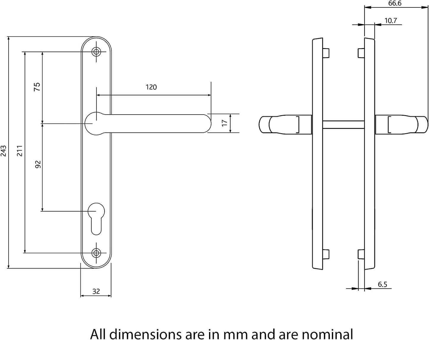 uPVC Door Handles Set Lever/Lever White 92pz - 210mm Screw to Screw - Back Plate 240mm