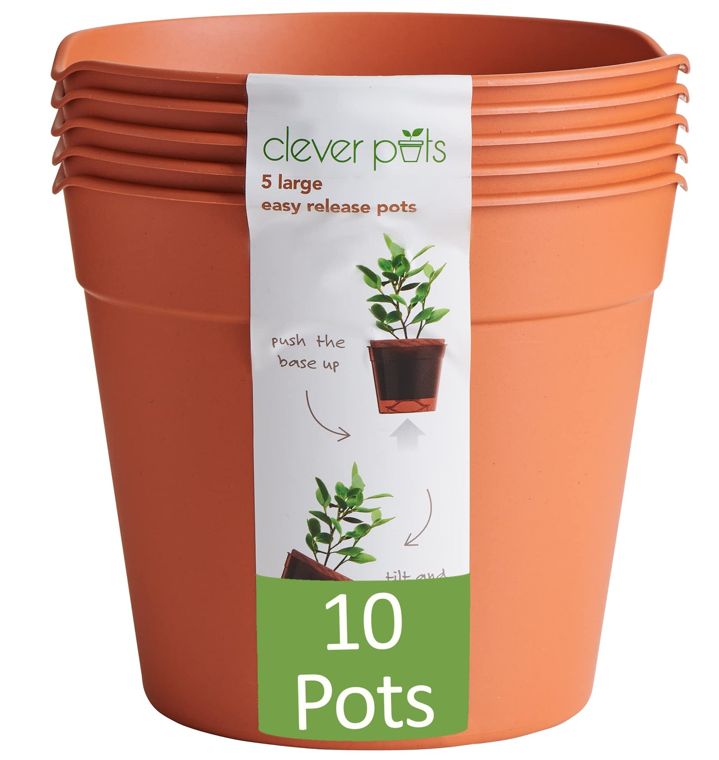 Clever Pots Easy Release Plastic Plant Pots, Pack of 5, Large Plant Pots, Outdoor or Indoor Flower Pot Garden Planters, Lightweight & Weather Resistant for Outside Flowers & Plants, Terracotta