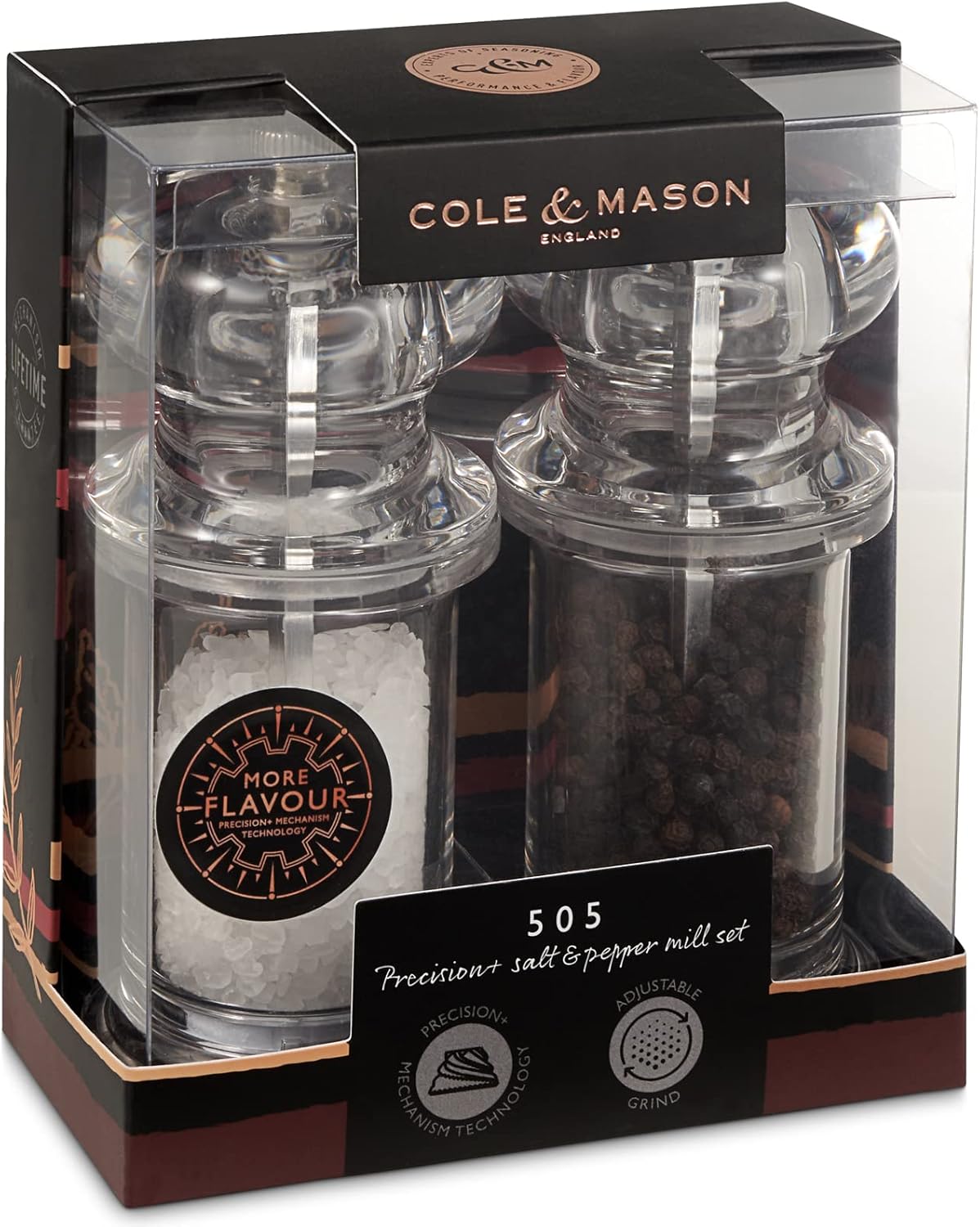 Cole & Mason 505 Clear Salt and Pepper Mills, Adjustable Grind Precision+ Mechanism, Acrylic, 140 mm, Gift Set, Includes 2 x Salt and Pepper Grinders
