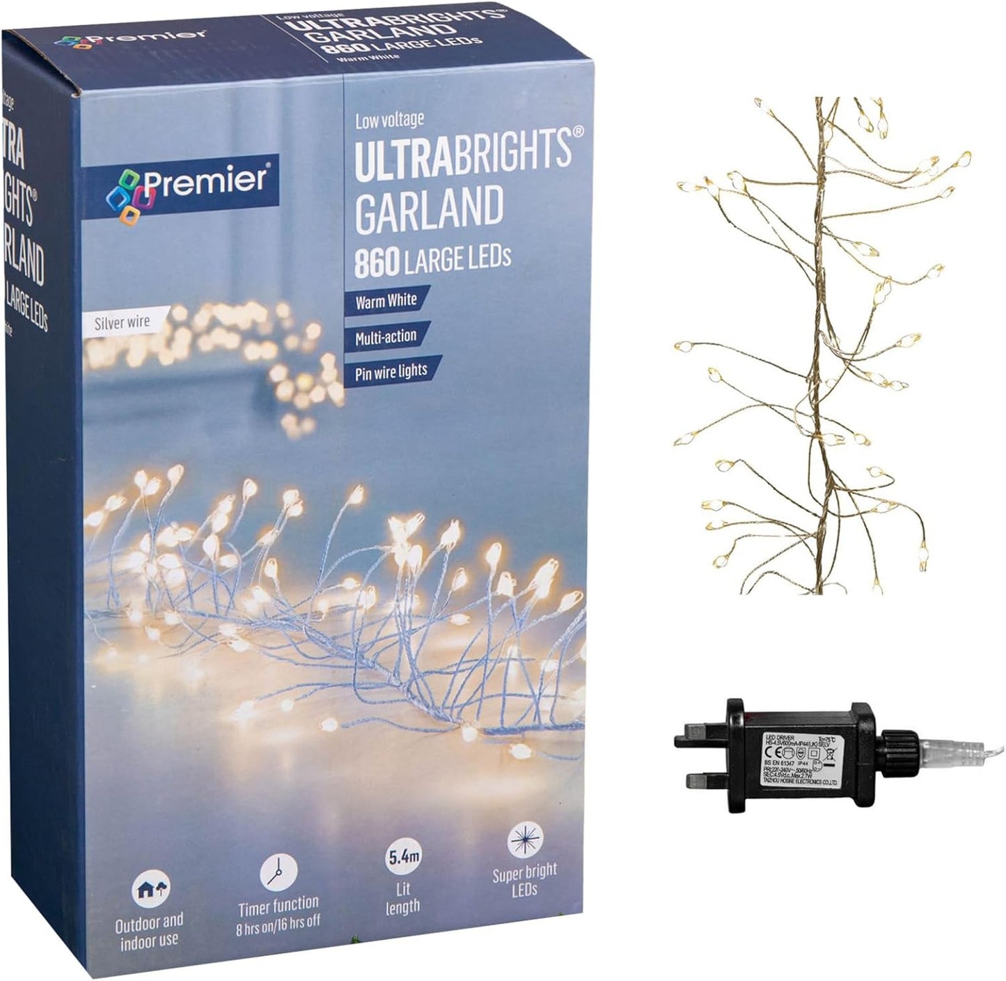 Samuel ALEXANDER 5.4m 860 LEDs Multi Action Ultra Bright Garland on Silver Wire in Warm White