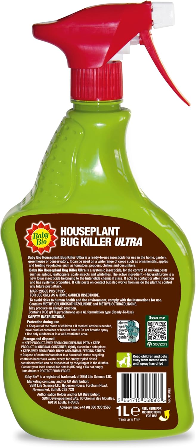 Baby Bio Houseplant Bug Killer Ultra - Fast-Acting Bug Killer Spray - Effective Insect Control for Houseplants - Protection for Houseplants, 1 Litre