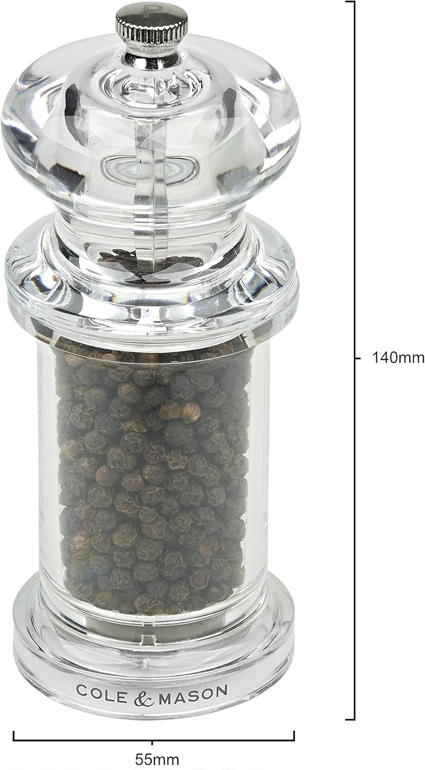 Cole & Mason 505 Clear Salt and Pepper Mills, Adjustable Grind Precision+ Mechanism, Acrylic, 140 mm, Gift Set, Includes 2 x Salt and Pepper Grinders