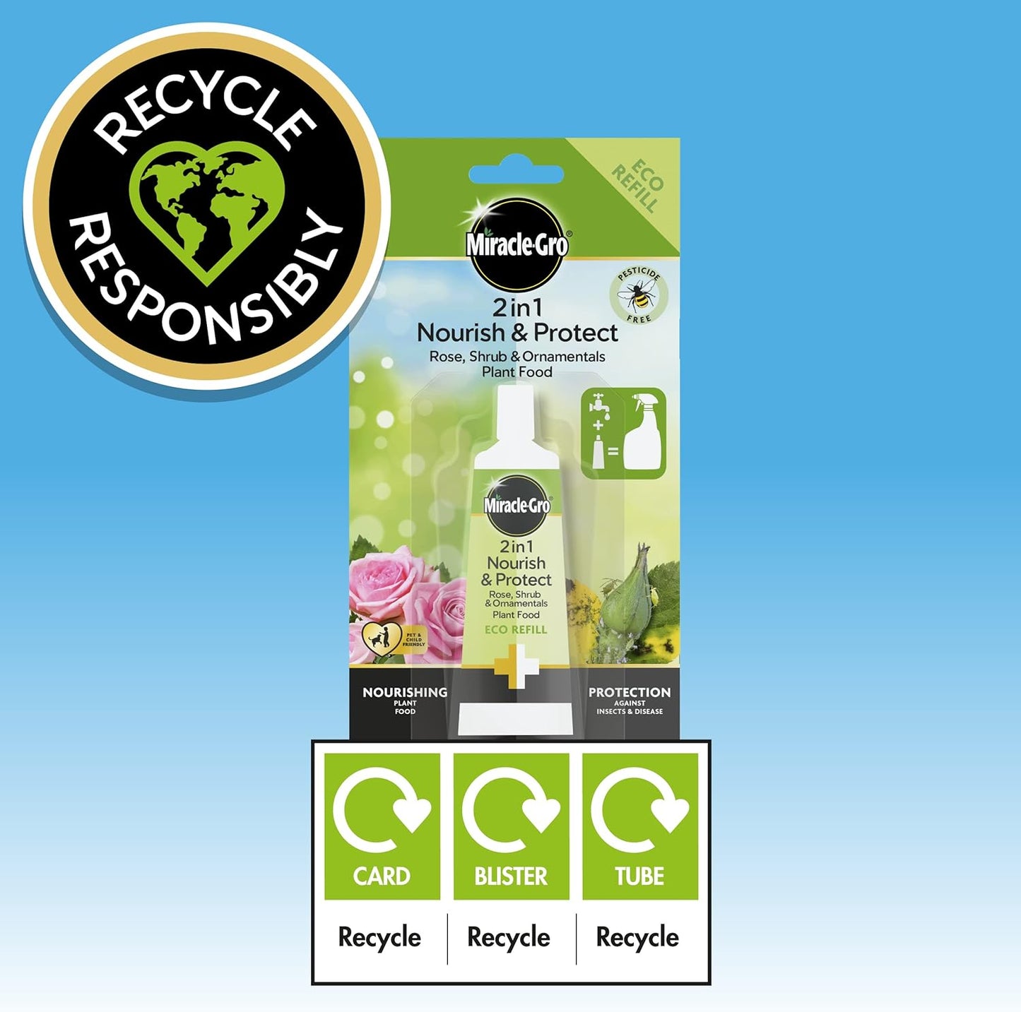 Miracle-Gro 2 in 1 Nourish and Protect Rose, Shrub, and Ornamental Ready to Use Plant Food, Eco-Refill