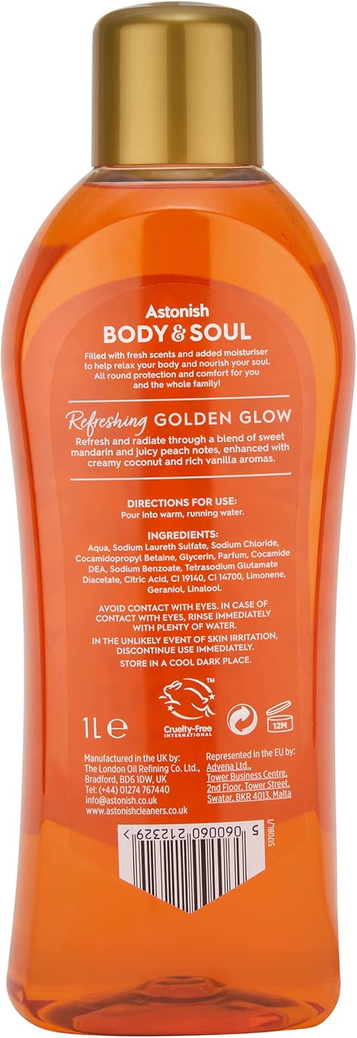 Astonish Body & Soul Nourishing Mood Boosting Bath Soak, Sweet Fruity Fragrance, Uplifting Bubble Bath, Golden Glow, 6x950ml, Multipack, Orange