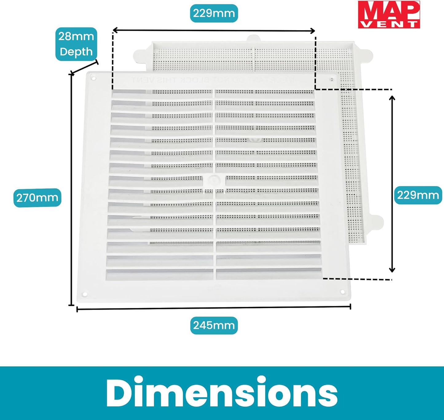 Map White Louvre Vent 229 x 229mm (9"x9") with Detachable Flyscreen Plastic Air Vent Grille for Walls & Furniture Ventilation Cover