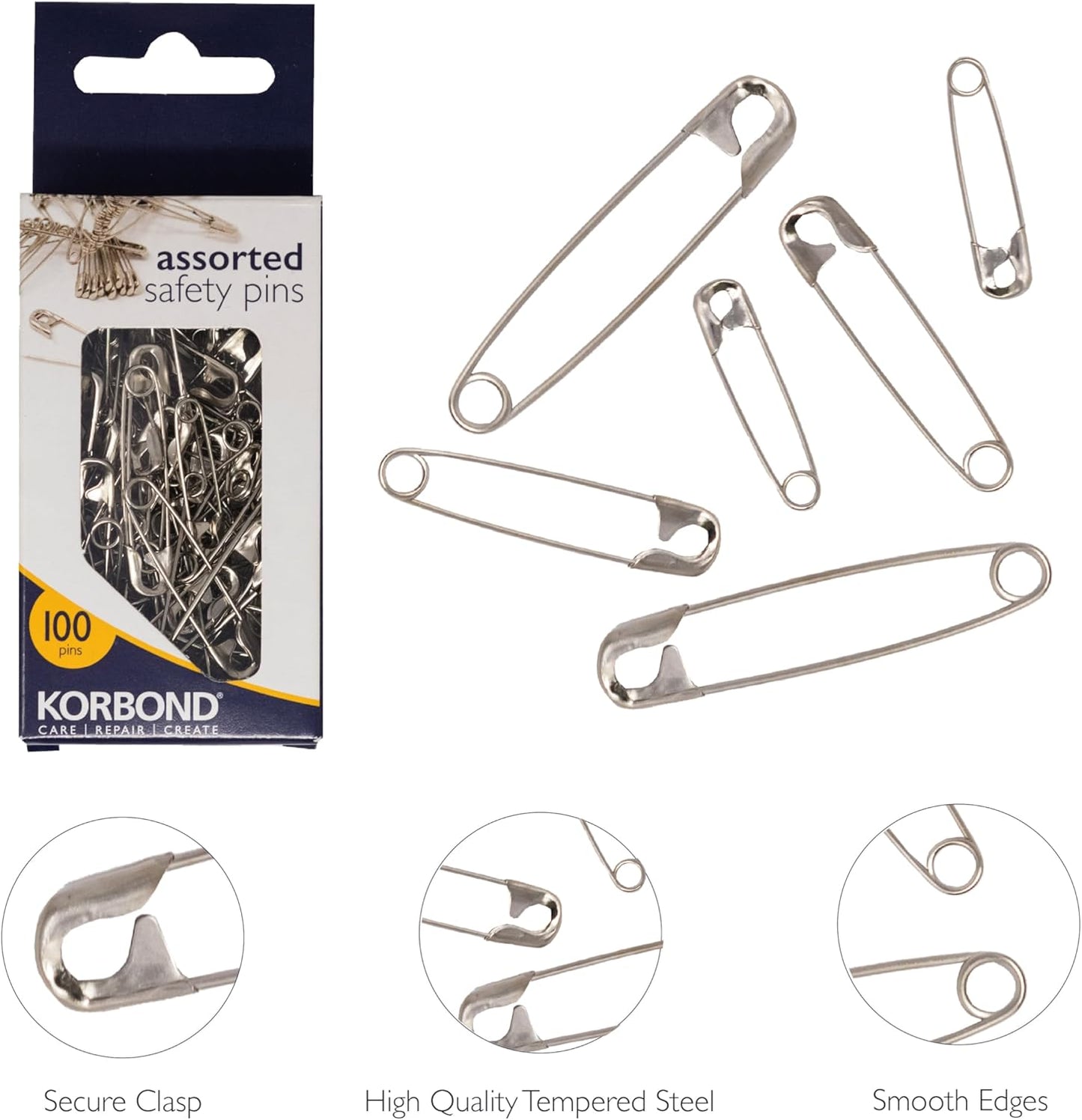 KORBOND Safety Pins 100 Pieces in Assorted Sizes-(5cm, 3.5cm & 2.5cm), Silver