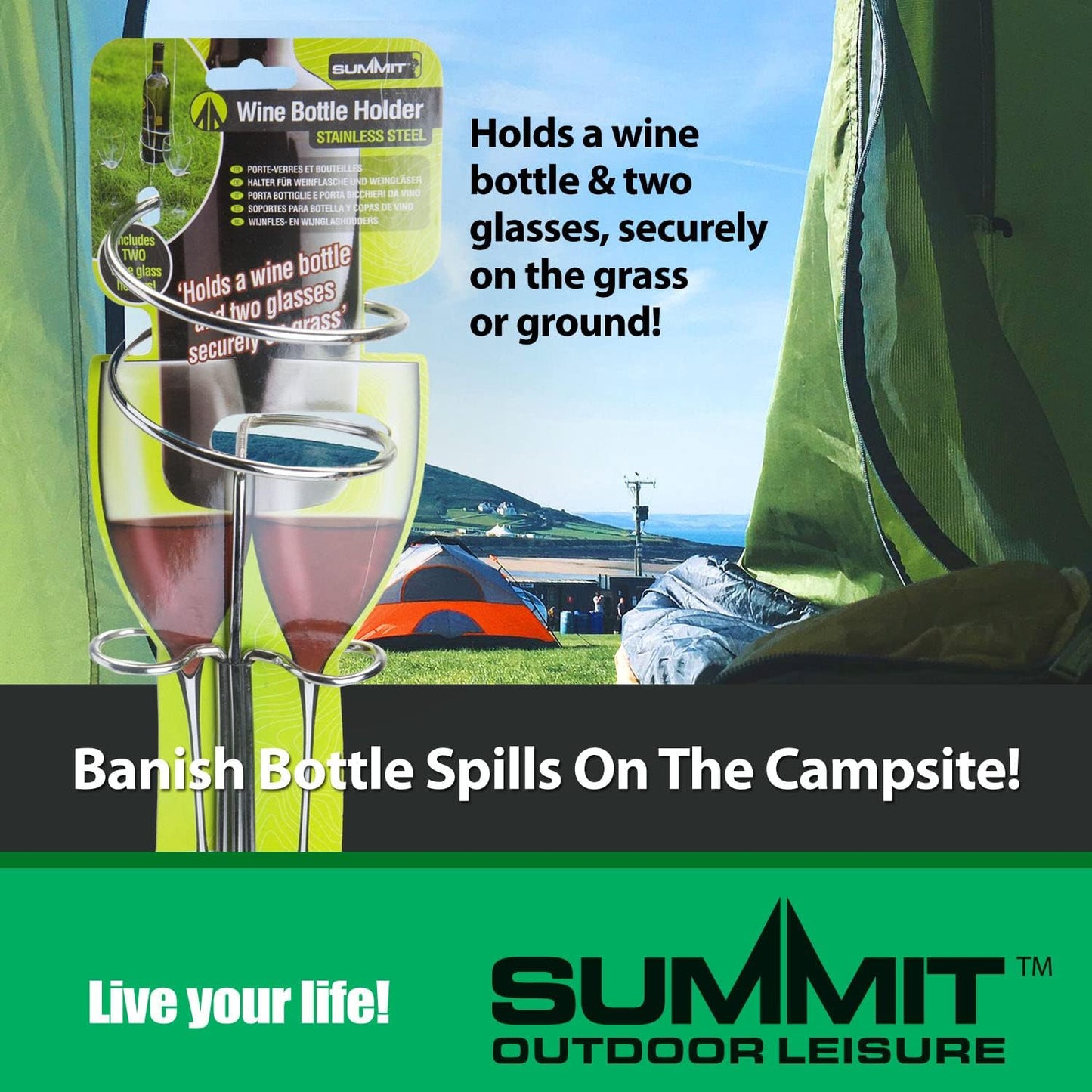 VFM - Wine Bottle & Glass Holder 3 Piece Steel Picnic Set, Garden Drinks, Picnic, Alfresco Dining, Couples, Camping, Portable, Outside, Wine Stand
