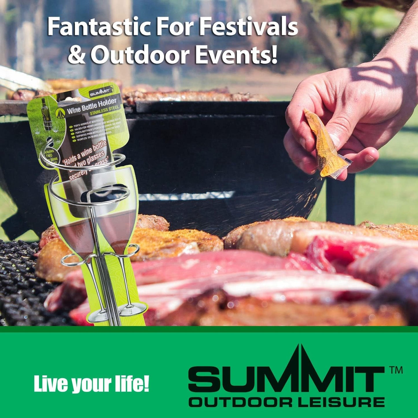 VFM - Wine Bottle & Glass Holder 3 Piece Steel Picnic Set, Garden Drinks, Picnic, Alfresco Dining, Couples, Camping, Portable, Outside, Wine Stand