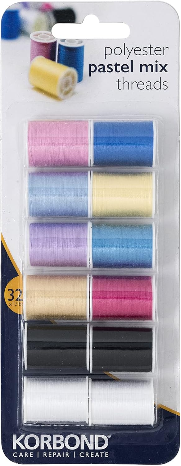 Korbond CORE Mix Polyester Thread Selection by Korbond-12 x 32m spools – 10 Colours – 384 metres – Hand and Machine Sewing, Repairs, Crafting