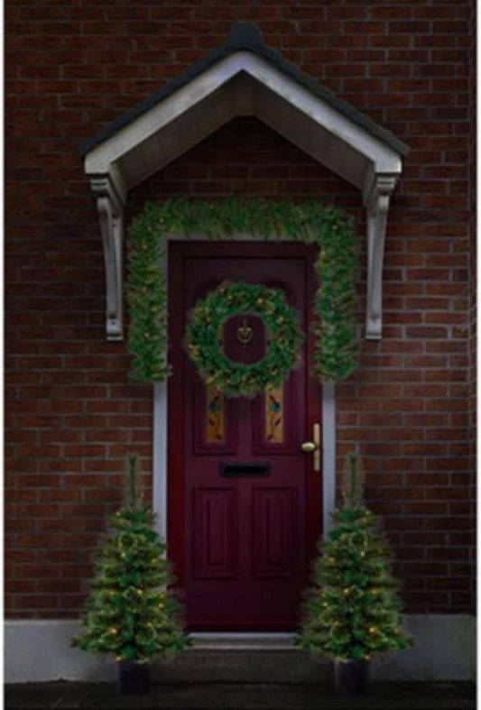 Premier Christmas Door & Porch Decoration Set Pre Lit Plain Cashmere Artificial Wreath Garland & Christmas Trees On Timer