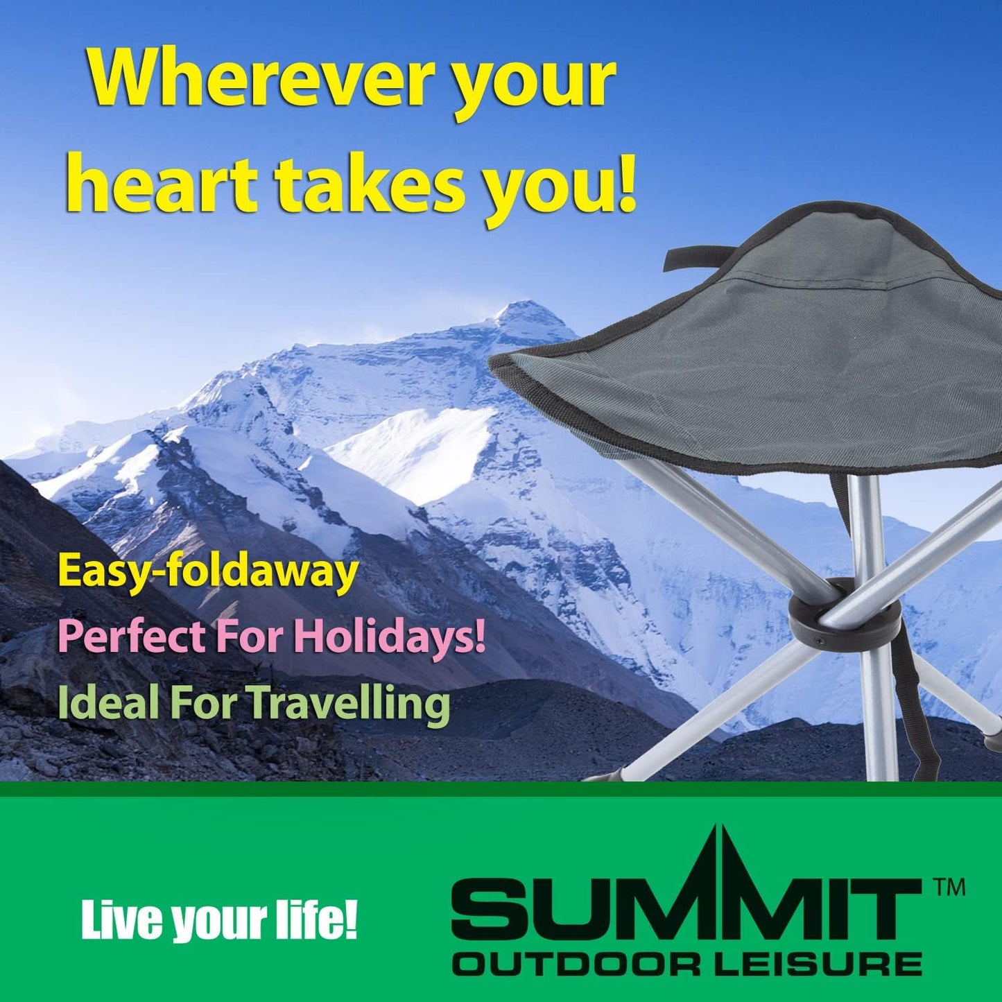 VFM - Slate Grey Tripod Stool - Summit Outdoor Leisure, Easy, Durable, Comfortable, Lightweight, Festivals, Hiking, Picnics, Outdoor Living, Water Resistant, Portable, Holidays