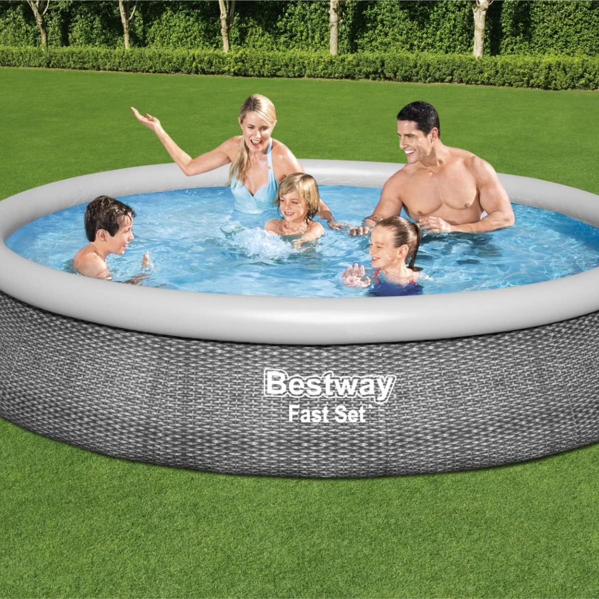 Bestway 13ft Rattan-Style Fast Set Pool: Easy Inflation, Space-Saving Design, Durable Material, Complete Set for Endless Summer Fun!