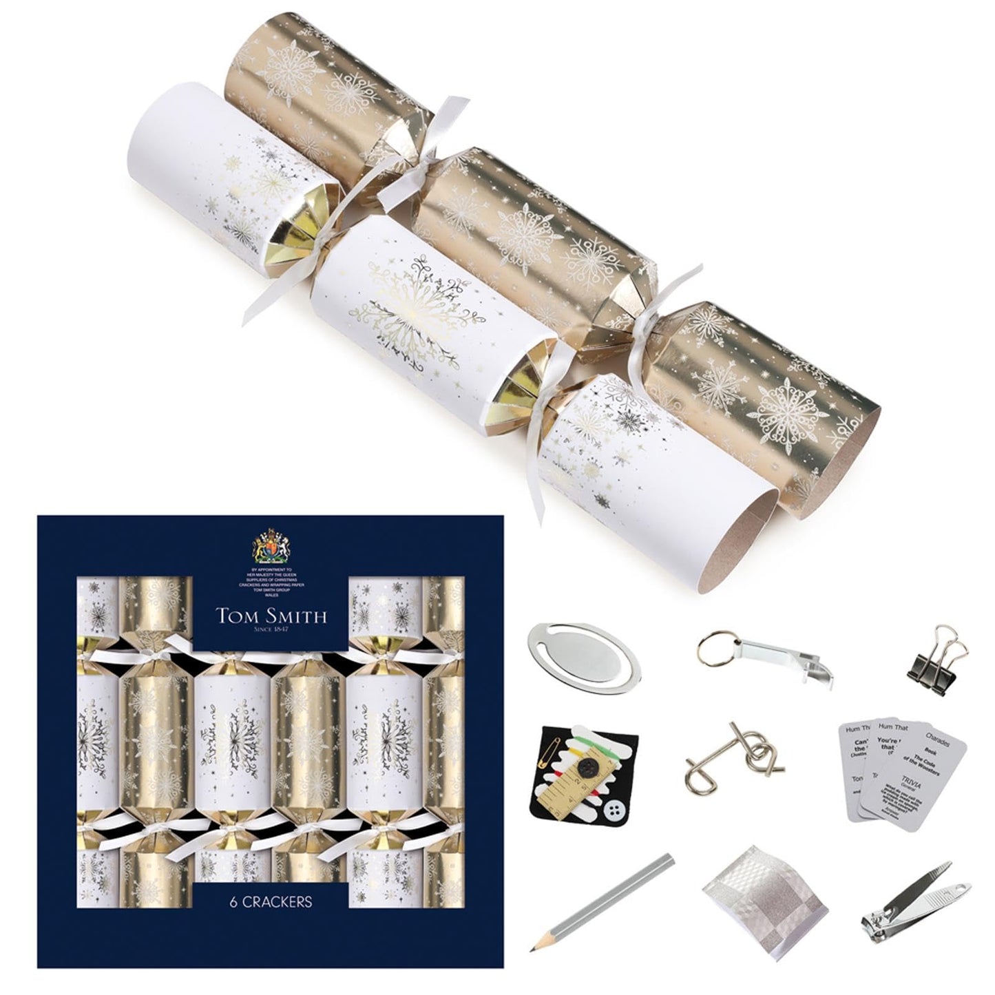 Tom Smith Pack 6 Eco Charity Christmas Crackers White & Gold Snowflake Design 33cm