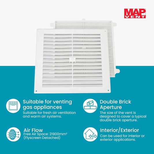 Map White Louvre Vent 229 x 229mm (9"x9") with Detachable Flyscreen Plastic Air Vent Grille for Walls & Furniture Ventilation Cover