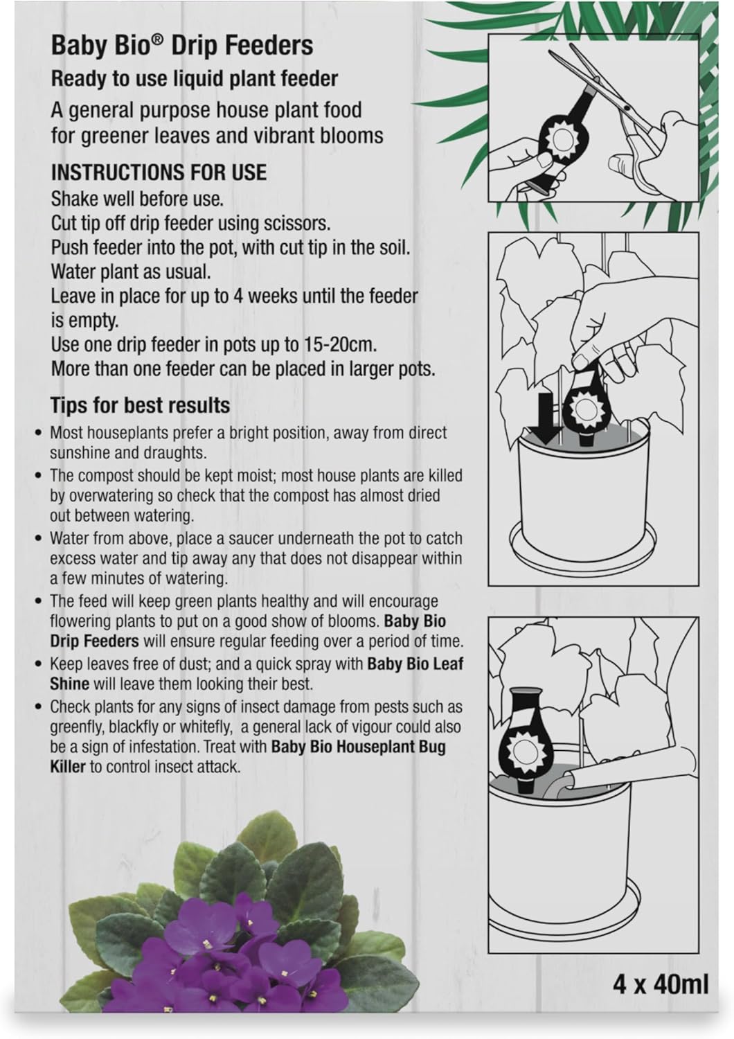 Baby Bio Houseplant Drip Feeders, 4 x 40ml - Ready To Use House Plant Food - Easy Care Fertiliser for Supporting Healthy Growth and Vibrant Blooms - Automatic Plant Feeder