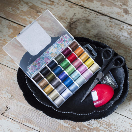 Korbond All Purpose Thread Set - 1350m Polyester Sewing Thread - 30 Colours x 45m - Hand and Machine Sewing and Crafting - Includes Black and White Thread for Machine and Hand