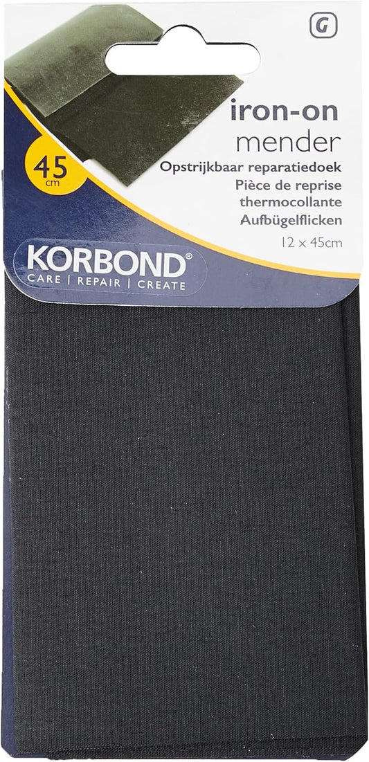 KORBOND Cotton Extra Wide Iron On Mender – Black - 12cm x 45cm – Invisible Permanent Mending – No Sewing Required - Ideal for Clothes & Garments: Trousers, Dresses, Jeans, Jumpers, Linen, School