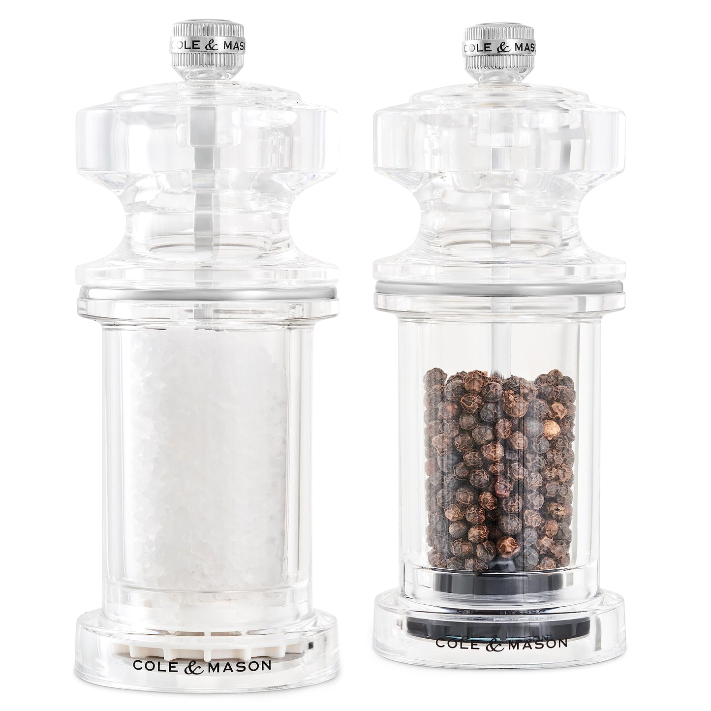 Cole & Mason 505 Clear Salt and Pepper Mills, Adjustable Grind Precision+ Mechanism, Acrylic, 140 mm, Gift Set, Includes 2 x Salt and Pepper Grinders