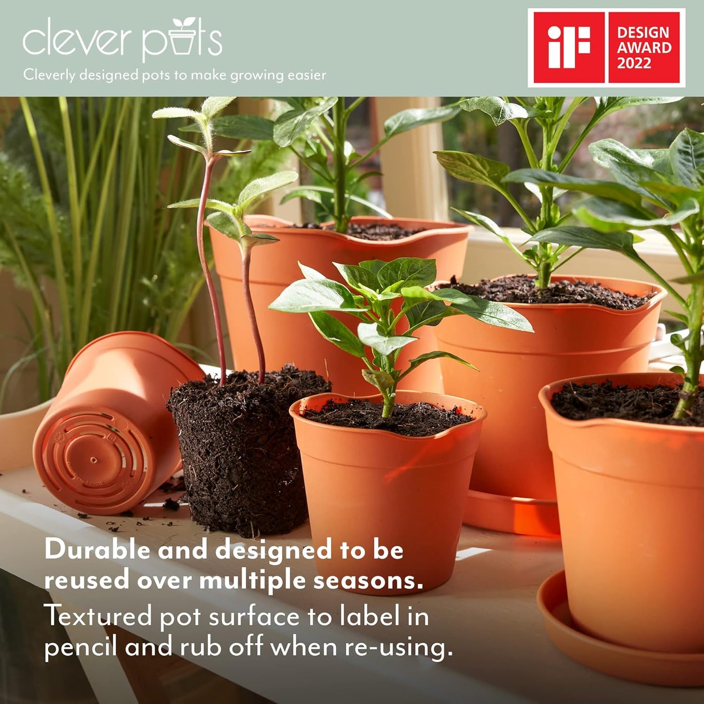 Clever Pots Easy Release Plastic Plant Pots, Pack of 5, Large Plant Pots, Outdoor or Indoor Flower Pot Garden Planters, Lightweight & Weather Resistant for Outside Flowers & Plants, Terracotta