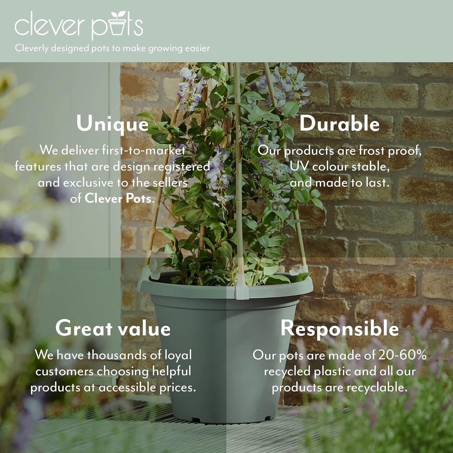 Clever Pots Easy Release Plastic Plant Pots, Pack of 5, Large Plant Pots, Outdoor or Indoor Flower Pot Garden Planters, Lightweight & Weather Resistant for Outside Flowers & Plants, Terracotta