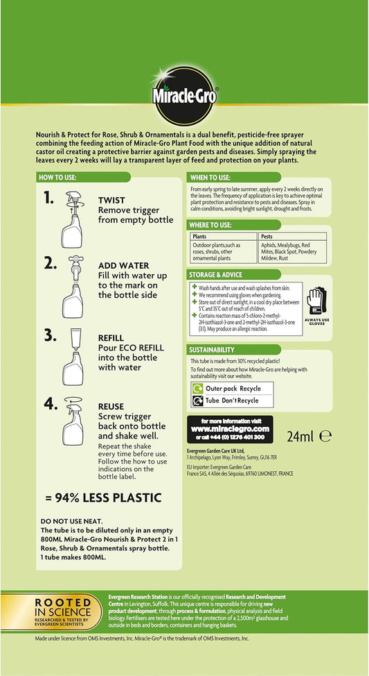 Miracle-Gro 2 in 1 Nourish and Protect Rose, Shrub, and Ornamental Ready to Use Plant Food, Eco-Refill