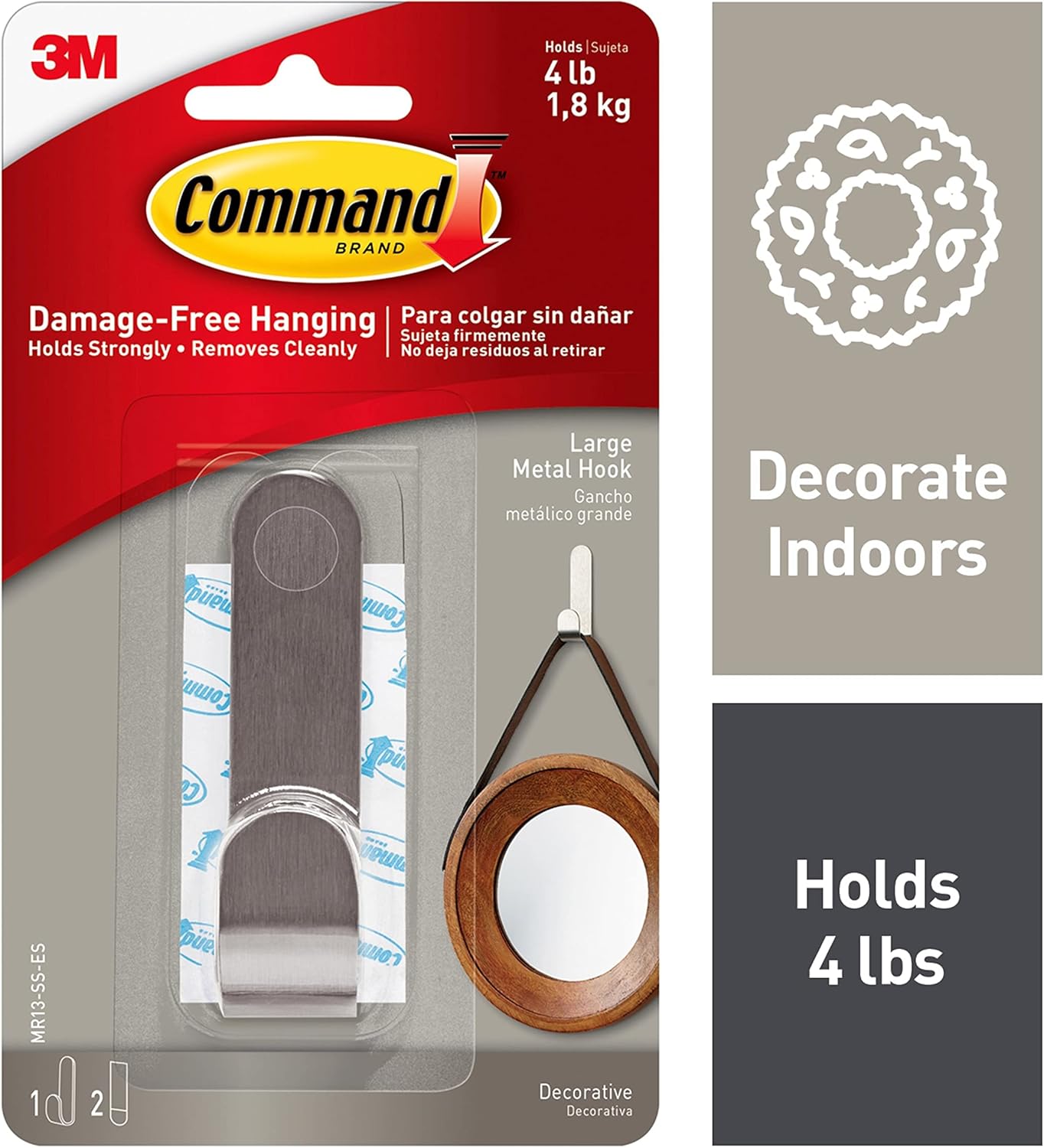 Command MR13-SS-ES Large Modern Metal Hook with 1 Hook/2 Strips