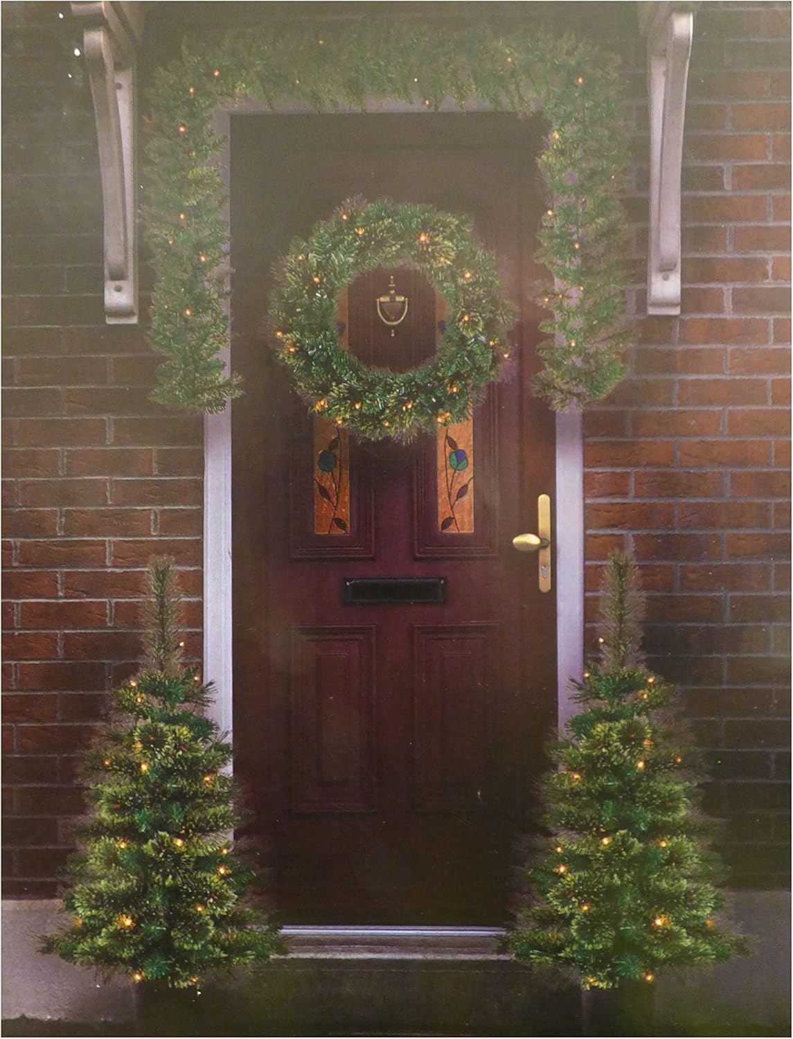 Premier Christmas Door & Porch Decoration Set Pre Lit Plain Cashmere Artificial Wreath Garland & Christmas Trees On Timer