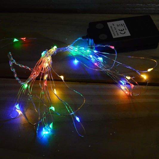 5m 100 LED Multi Action Pin Wire Battery Lights with Timer String Lights- Multi Coloured