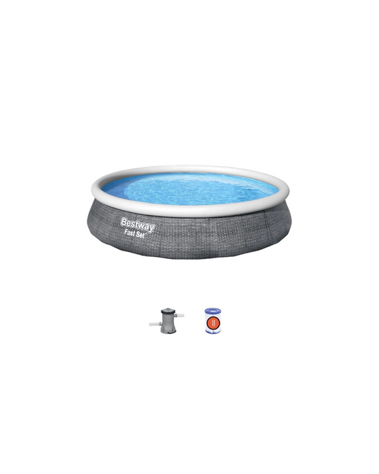 Bestway 13ft Rattan-Style Fast Set Pool: Easy Inflation, Space-Saving Design, Durable Material, Complete Set for Endless Summer Fun!