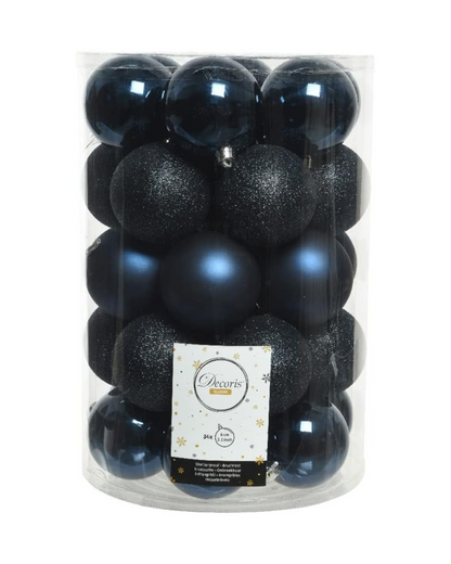 Kaemingk Plastic Christmas Baubles 8 cm x 34 Pieces Set Shatterproof Dark Blue Midnight Blue
