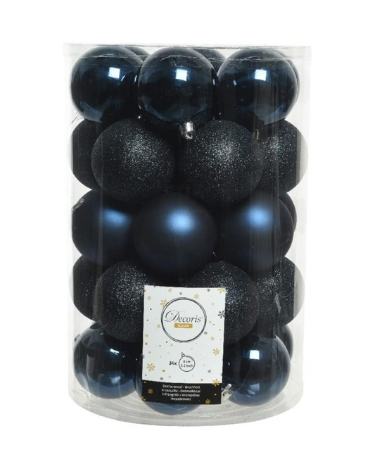 Kaemingk Plastic Christmas Baubles 8 cm x 34 Pieces Set Shatterproof Dark Blue Midnight Blue