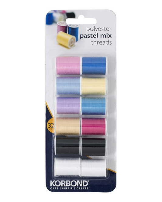 Korbond CORE Mix Polyester Thread Selection by Korbond-12 x 32m spools – 10 Colours – 384 metres – Hand and Machine Sewing, Repairs, Crafting