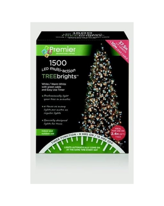 Premier Decorations - 1500 Multi Action TreeBrights LED Lights with Timer - Warm White & White