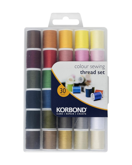 Korbond All Purpose Thread Set - 1350m Polyester Sewing Thread - 30 Colours x 45m - Hand and Machine Sewing and Crafting - Includes Black and White Thread for Machine and Hand