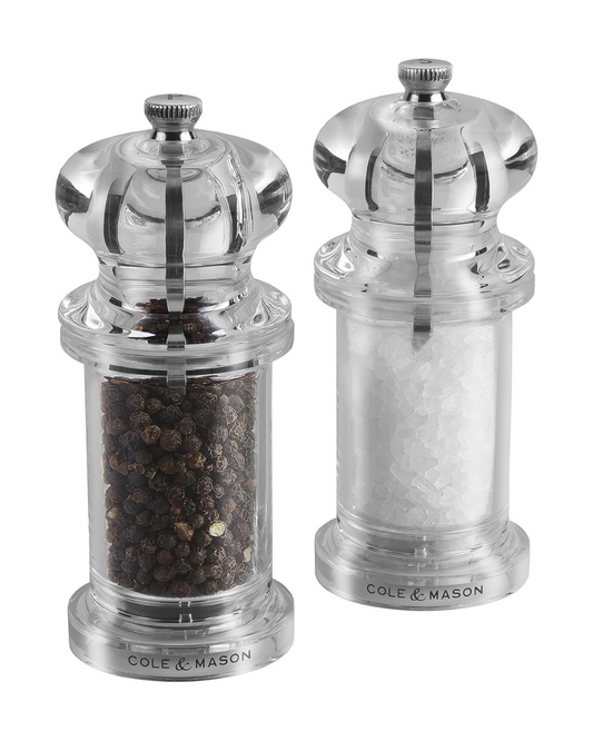 Cole & Mason 505 Clear Salt and Pepper Mills, Adjustable Grind Precision+ Mechanism, Acrylic, 140 mm, Gift Set, Includes 2 x Salt and Pepper Grinders