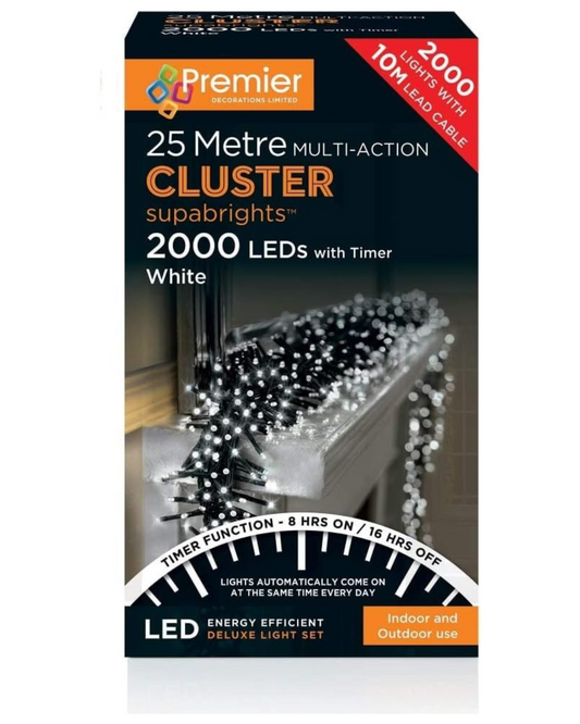 Premier Decorations - 2000 Multi Action Cluster LED Lights with Timer - White