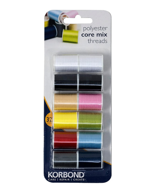 Korbond CORE Mix Polyester Thread Selection by Korbond-12 x 32m spools – 10 Colours – 384 metres – Hand and Machine Sewing, Repairs, Crafting, White