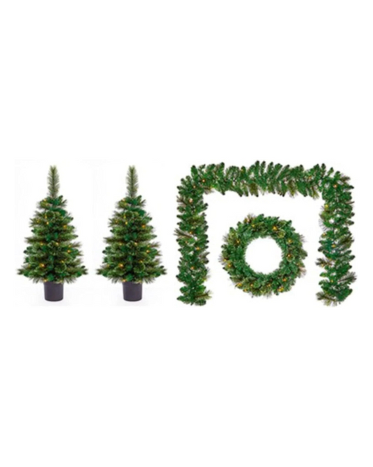 Premier Christmas Door & Porch Decoration Set Pre Lit Plain Cashmere Artificial Wreath Garland & Christmas Trees On Timer