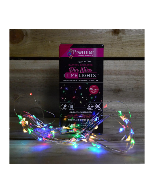 5m 100 LED Multi Action Pin Wire Battery Lights with Timer String Lights- Multi Coloured
