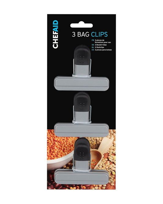 Chef Aid Bag Clips, Pack of 3 Soft-Grip Bag Clips for Keeping Food Fresher for Longer, Made with BPA Free Plastic and Fridge, Freezer and Dishwasher Safe, Grey