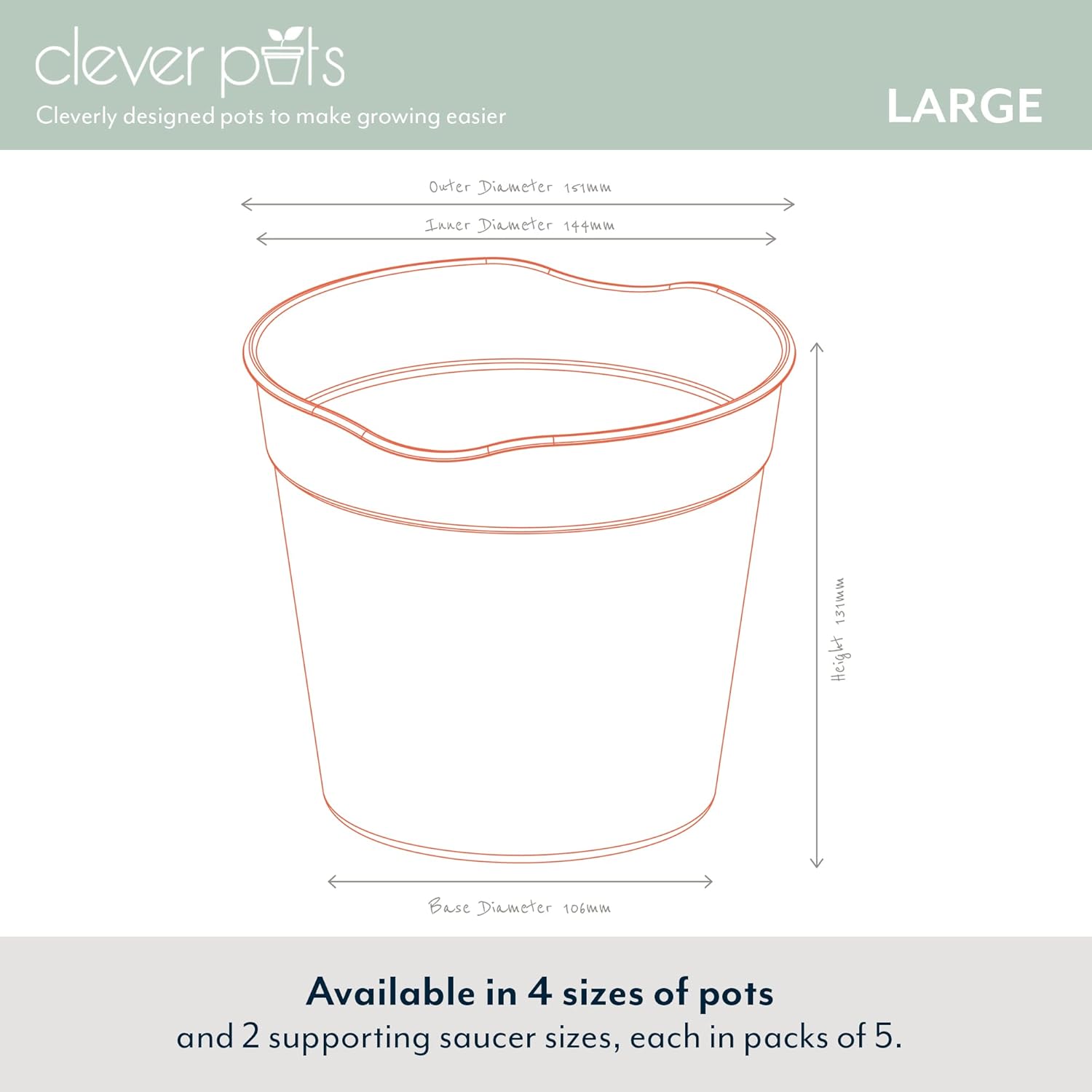 Clever Pots Easy Release Plastic Plant Pots, Pack of 5, Large Plant Pots, Outdoor or Indoor Flower Pot Garden Planters, Lightweight & Weather Resistant for Outside Flowers & Plants, Terracotta